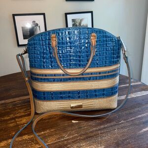Brahmin Blue and Tan Shoulder Bag with Croc-Embossed Texture